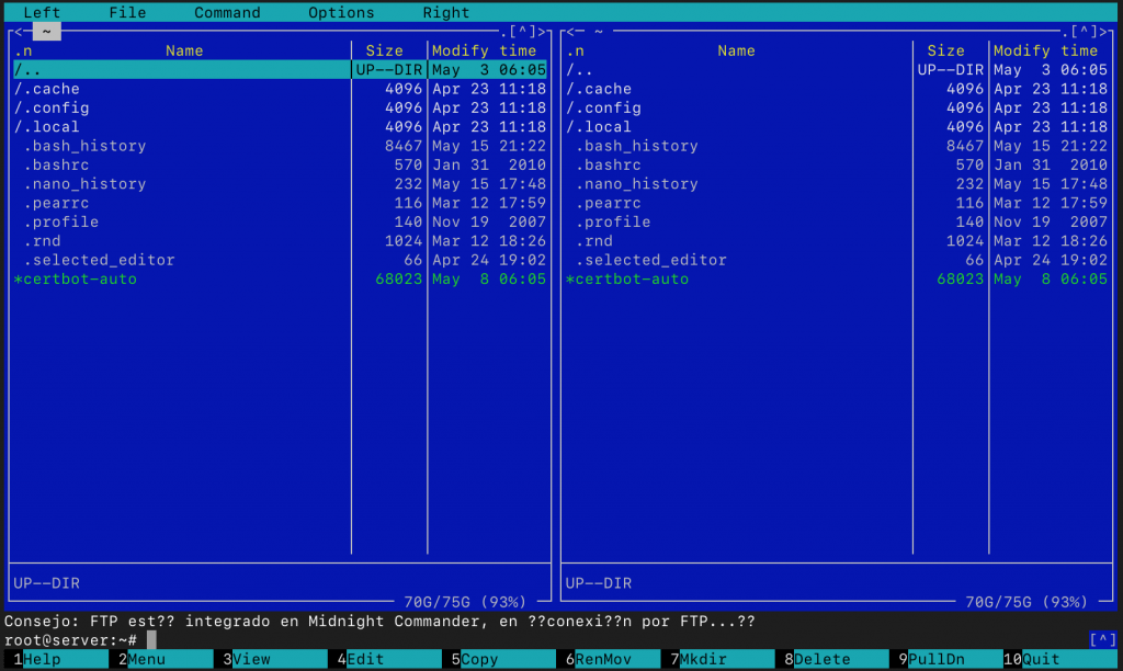 Midnight Commander gestor de archivos